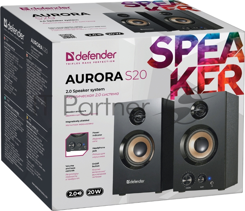 Колонки Defender AURORA S20 { 2x10 Вт RMS,20-20000 Гц, разъём для наушников } 65419