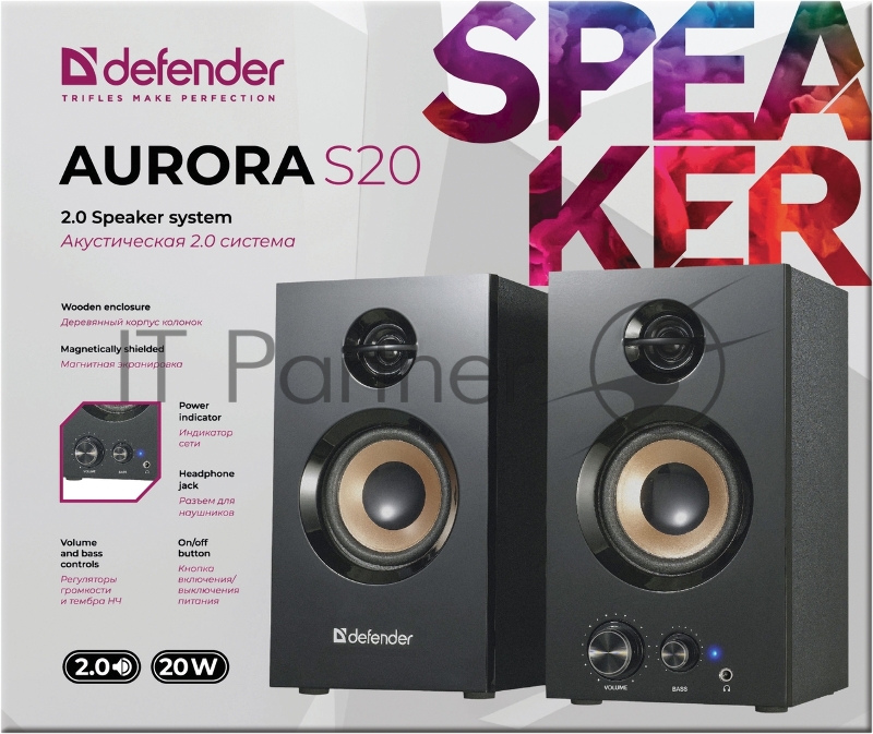 Колонки Defender AURORA S20 { 2x10 Вт RMS,20-20000 Гц, разъём для наушников } 65419
