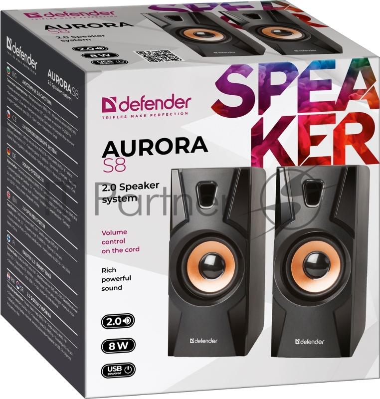 Акустическая система 2.0 Defender Aurora S8 черный, 8 Вт, питание от USB Defender Акустическая 2.0 система Aurora S8 черный, 8 Вт, питание от USB