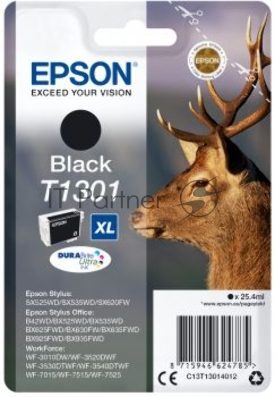 Картридж струйный Epson T1301 (C13T13014012/C13T13014010) черный, 25.4 мл, для SX520WD/SX620FW/BX525WD/BX625F
