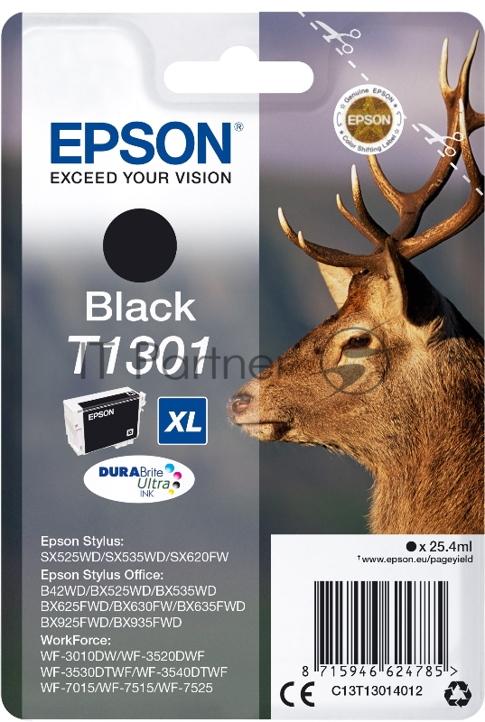 Картридж струйный Epson T1301 (C13T13014012/C13T13014010) черный, 25.4 мл, для SX520WD/SX620FW/BX525WD/BX625F