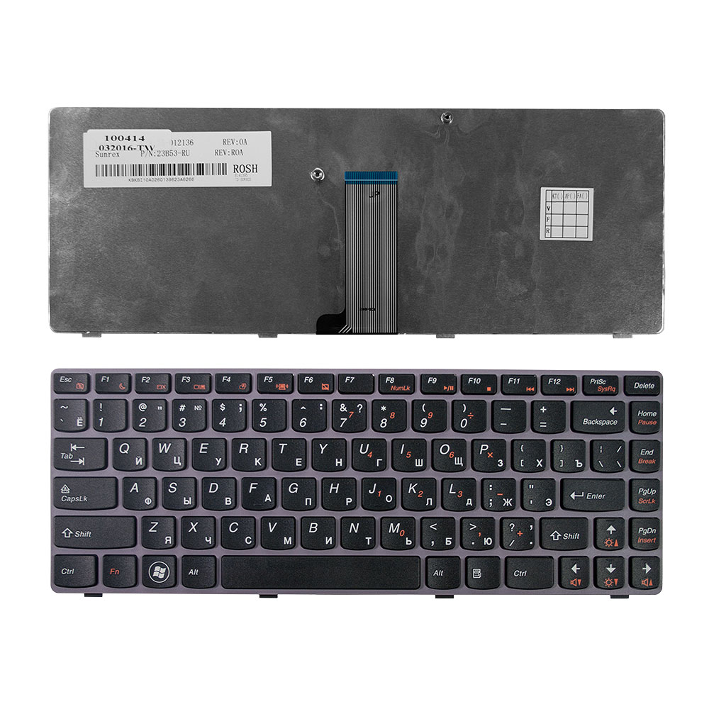 Клавиатура для ноутбука Lenovo Z470, G470AH, G470GH, Z370 Series. Плоский Enter. Черная, с серой рамкой. AEKL6700220, 9Z.N5TSQ.N0R.