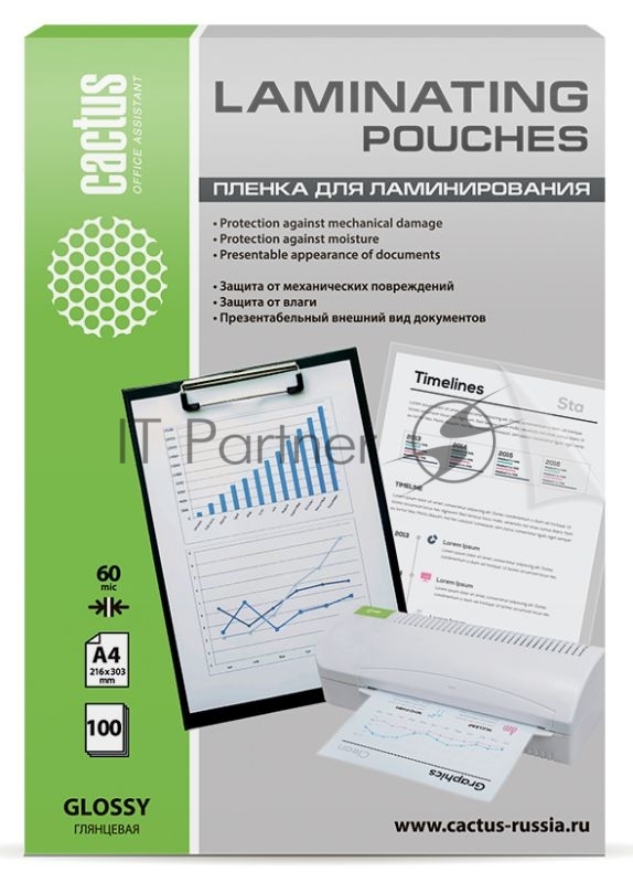 Пленка для ламинирования Cactus 60мкм A4 (100шт) глянцевая 216x303мм CS-LPGA460100