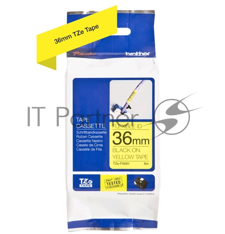 Лента Brother для печати наклеек TZe-FX661 36-мм гибкая ламинированная идентификационная (черный на желтом фоне), 8 м.