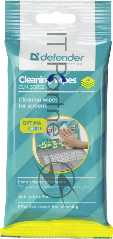 Чистящие салфетки Defender CLN 30202 ECO для экранов всех типов / мягкая упаковка / 20 шт / Россия.