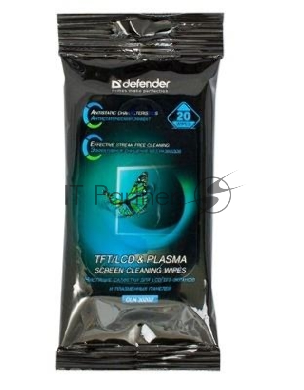 Чистящие салфетки Defender CLN 30202 ECO для экранов всех типов / мягкая упаковка / 20 шт / Россия.