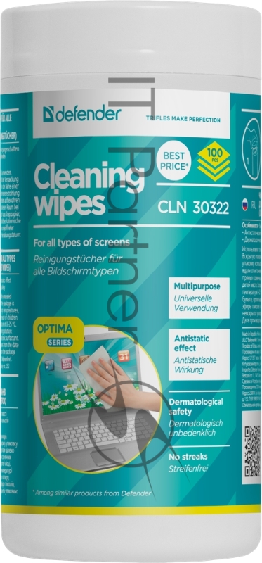 Чистящие салфетки Defender для экранов всех типов / нетканый материал / антистатик / туба /100 шт/ Россия.