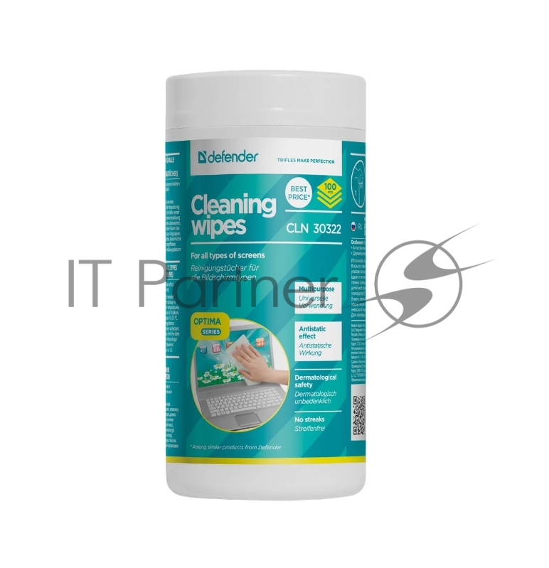 Чистящие салфетки Defender для экранов всех типов / нетканый материал / антистатик / туба /100 шт/ Россия.