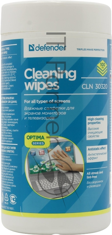 Чистящие салфетки Defender CLN 30320 ECO для экранов всех видов: ЭЛТ, ЖК, плазменными панелями / туба / 100 шт / Россия.