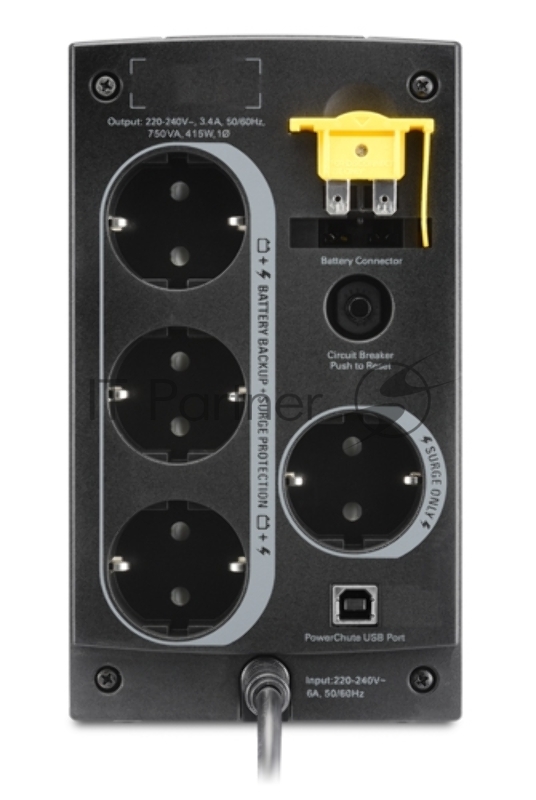 Источник бесперебойного питания APC Back-UPS 750VA/415W, 230V, 4 Schuko outlets (1 Surge & 3 batt.), USB, user repl. batt., 2 year warranty