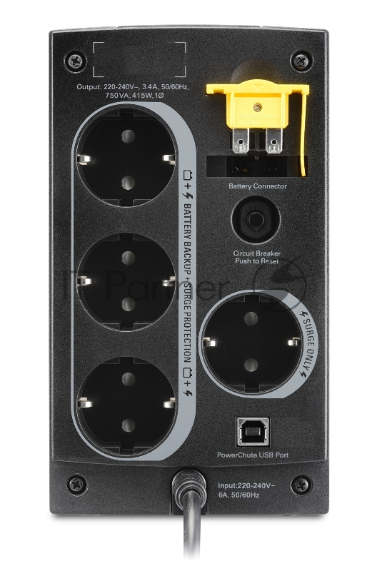 Источник бесперебойного питания APC Back-UPS 750VA/415W, 230V, 4 Schuko outlets (1 Surge & 3 batt.), USB, user repl. batt., 2 year warranty