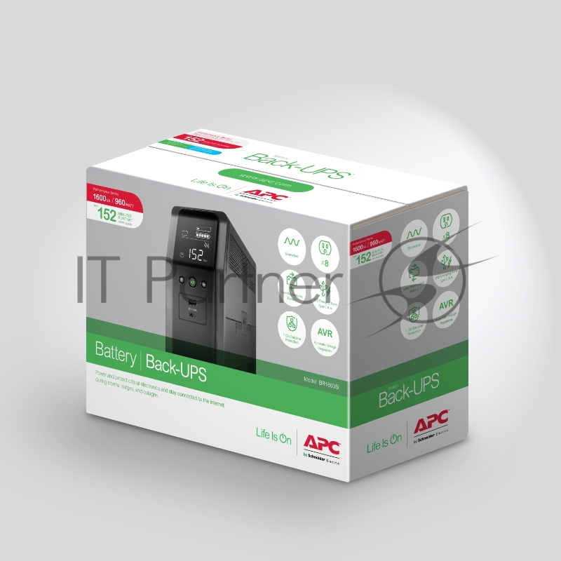 Источник бесперебойного питания APC Back-UPS Pro BR 1600VA/960W, Sinewave,8xC13 Outlets(2 Surge & 6 batt.), AVR, LCD, Data/DSL protect, USB