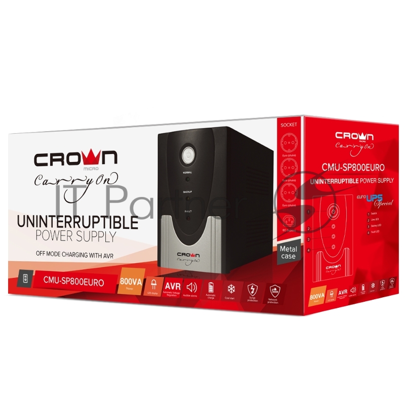 Источник бесперебойного питания CROWN ИБП CMU-SP800EURO {800VA, металл,1x12V/9AH, розетки 3*EURO+1*IEC bybas} CM000001492