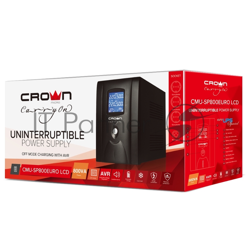 Источник бесперебойного питания CROWN 800VA/510W, металл, 1x12V/9AH, розетки 3*EURO+1*IEC bybass, трансформатор AVR 145-280V, LCD дисплей, съёмный кабель 1.2м, фильтр телефонной и ethernet линии RJ11/45, защита батареи, от перегрузки, от КЗ
