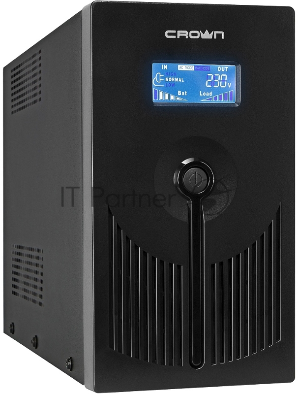 Источник бесперебойного питания CROWN 800VA/510W, металл, 1x12V/9AH, розетки 3*EURO+1*IEC bybass, трансформатор AVR 145-280V, LCD дисплей, съёмный кабель 1.2м, фильтр телефонной и ethernet линии RJ11/45, защита батареи, от перегрузки, от КЗ