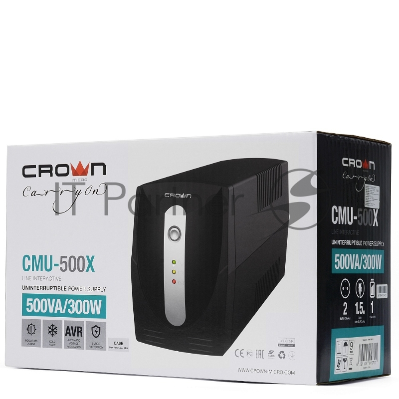 Источник бесперебойного питания Crown CMU-500X (480 ВА / 240 Вт Off-Line 1 х Euro + 1 х IEC-320 резервным питанием и фильтрацией 12V/4,5AH х 1 пластик)