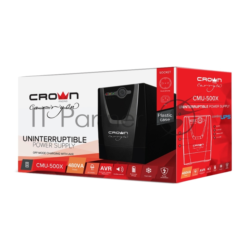 Источник бесперебойного питания Crown CMU-500X (480 ВА / 240 Вт Off-Line 1 х Euro + 1 х IEC-320 резервным питанием и фильтрацией 12V/4,5AH х 1 пластик)