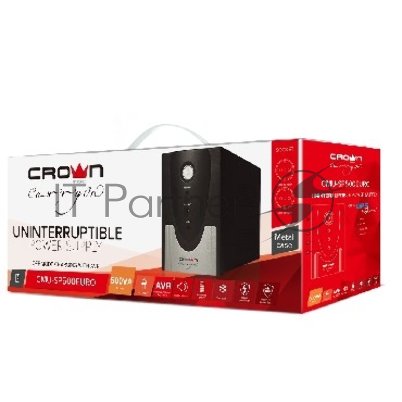 Источник бесперебойного питания CROWN CMU-SP500EURO Бюджетный для защиты ПК и рабочих станций. CROWN 500VA, металл, 1x12V/4.5AH, розетки 2*EURO, трансформатор AVR 145-280V, встроенный кабель 1.2м, фильтр телефонной и ethernet линии RJ11/45, защита ба