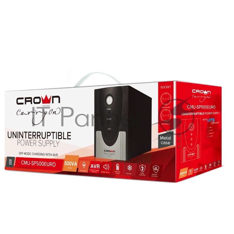 Источник бесперебойного питания CROWN CMU-SP500EURO Бюджетный для защиты ПК и рабочих станций. CROWN 500VA, металл, 1x12V/4.5AH, розетки 2*EURO, трансформатор AVR 145-280V, встроенный кабель 1.2м, фильтр телефонной и ethernet линии RJ11/45, защита ба