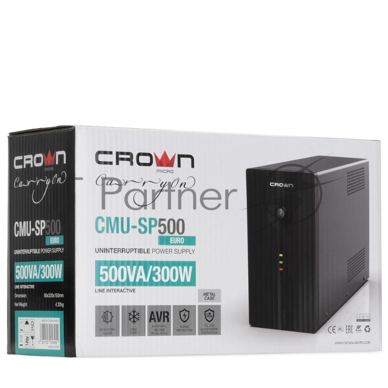 Источник бесперебойного питания CROWN CMU-SP500EURO Бюджетный для защиты ПК и рабочих станций. CROWN 500VA, металл, 1x12V/4.5AH, розетки 2*EURO, трансформатор AVR 145-280V, встроенный кабель 1.2м, фильтр телефонной и ethernet линии RJ11/45, защита ба