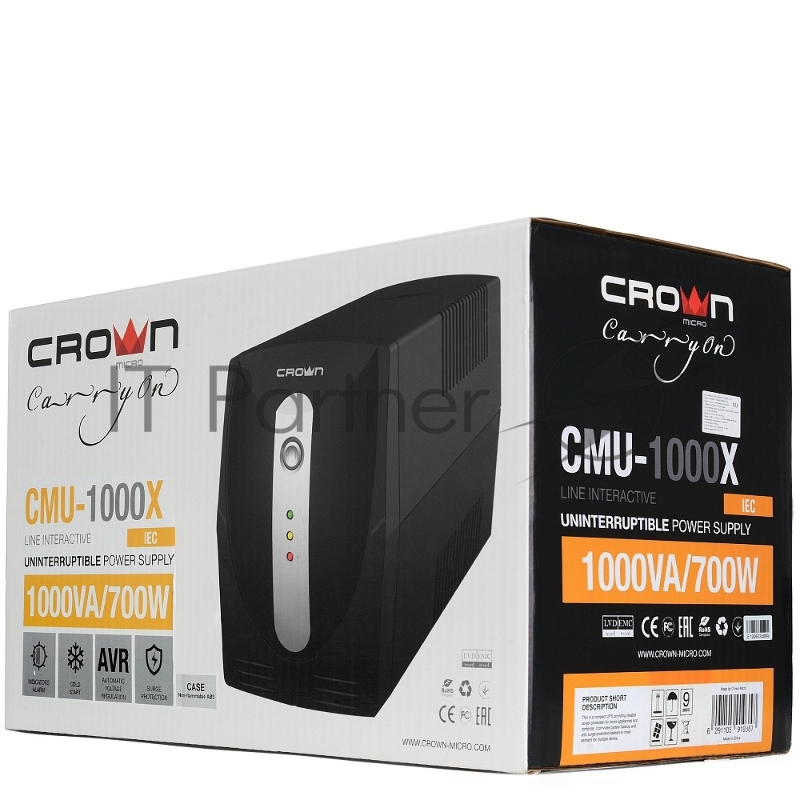 Источник бесперебойного питания CROWN Line Intractive CMU-1000XIEC 1000VA600W, корпус металл, 2x12V/7AH, розетки 6*IEC, трансформатор AVR 162-290V, кабель питания 1.2 м, защита: от перегрузки, от КЗ, от скачков напряжения