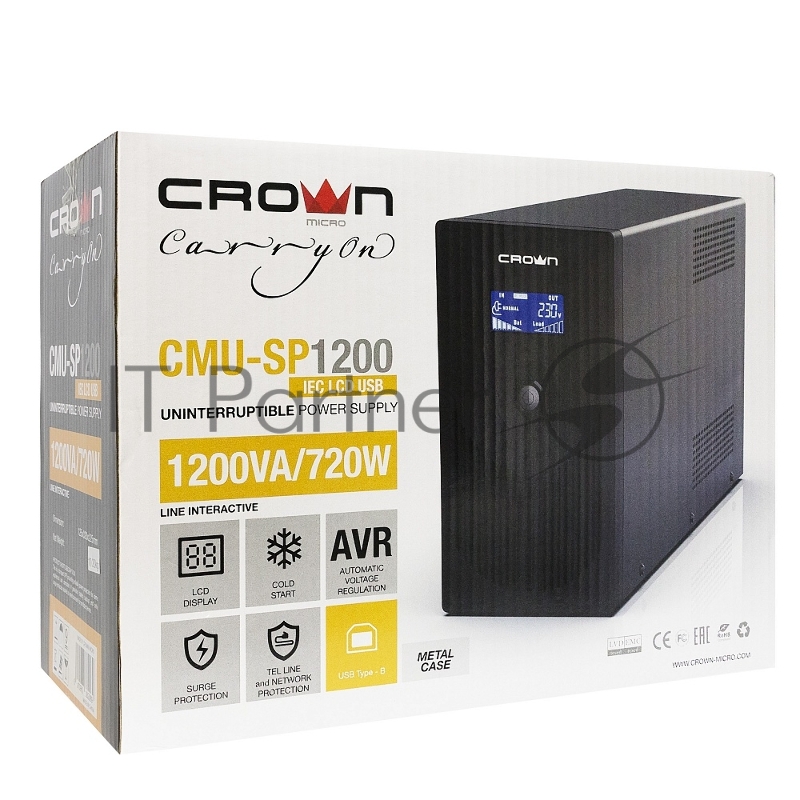 Источник бесперебойного питания CROWN Line Intractive CMU-SP1200IEC LCD USB 1200VA720W, корпус металл, 2x12V/9AH, розетки 8*IEC, трансформатор AVR 140-290V, LCD-дисплей, cъёмный кабель 1.2 м, порт RJ11/45, порт USB, защита: от перегрузки, от КЗ, от с