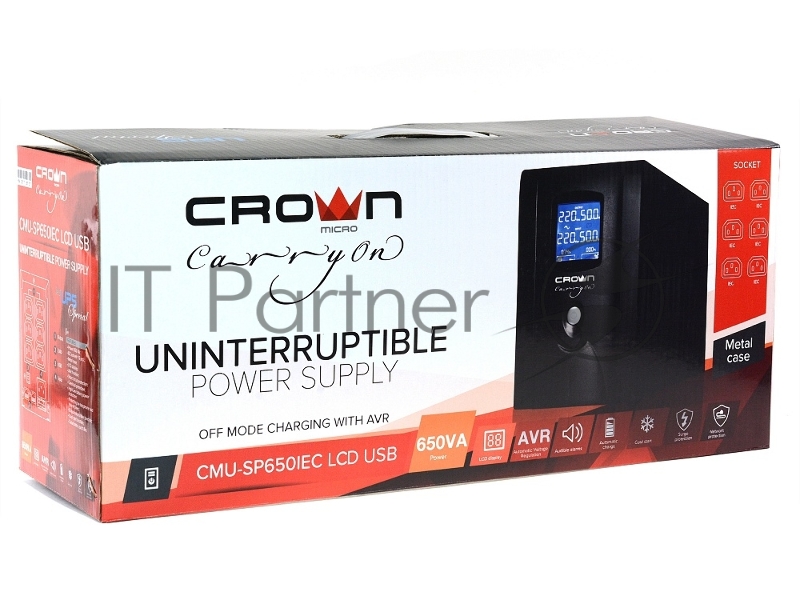 Источник бесперебойного питания CROWN Line Intractive CMU-SP650IEC LCD USB 650VA360W, корпус металл, 1x12V/7AH, розетки 6*IEC, трансформатор AVR 140-290V, LCD-дисплей, cъёмный кабель 1.2 м, порт RJ11/45, порт USB, защита: от перегрузки, от КЗ, от ска