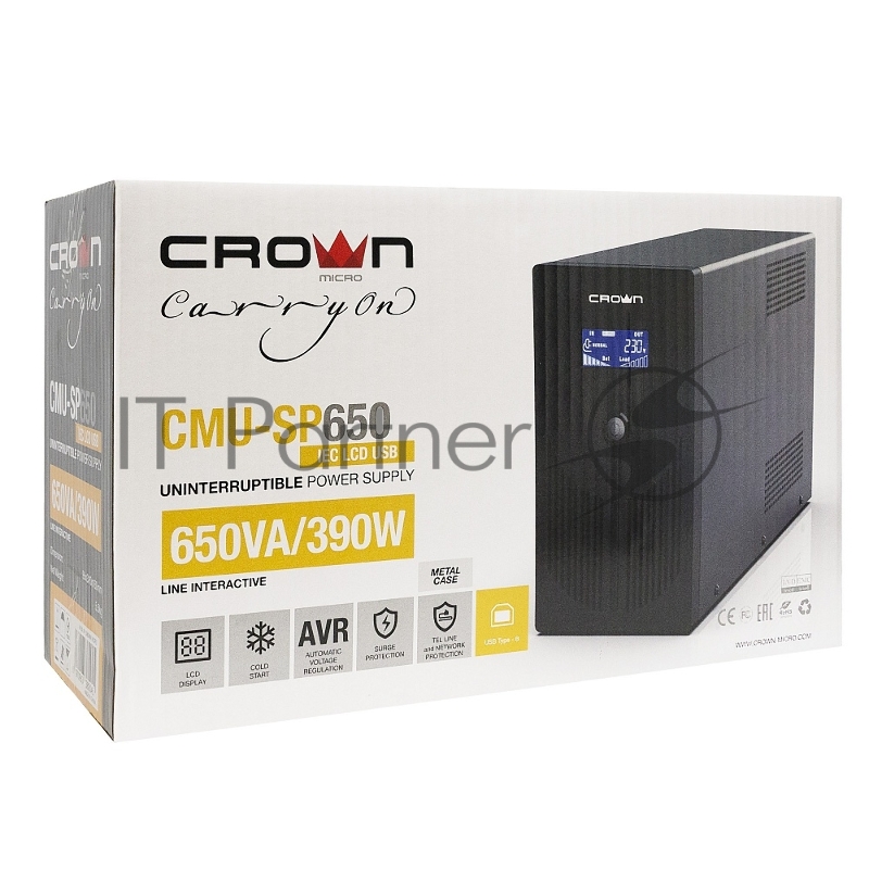 Источник бесперебойного питания CROWN Line Intractive CMU-SP650IEC LCD USB 650VA360W, корпус металл, 1x12V/7AH, розетки 6*IEC, трансформатор AVR 140-290V, LCD-дисплей, cъёмный кабель 1.2 м, порт RJ11/45, порт USB, защита: от перегрузки, от КЗ, от ска