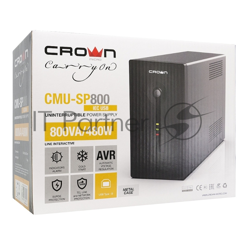 Источник бесперебойного питания CROWN Line Intractive CMU-SP800IEC USB 800VA480W, корпус металл, 1x12V/9AH, розетки 8*IEC, трансформатор AVR 140-290V, cъёмный кабель 1.2 м, порт RJ11/45, порт USB, защита: от перегрузки, от КЗ, от скачков напряжения