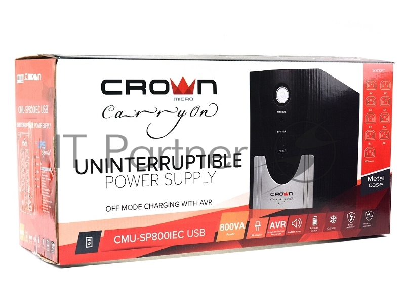 Источник бесперебойного питания CROWN Line Intractive CMU-SP800IEC USB 800VA480W, корпус металл, 1x12V/9AH, розетки 8*IEC, трансформатор AVR 140-290V, cъёмный кабель 1.2 м, порт RJ11/45, порт USB, защита: от перегрузки, от КЗ, от скачков напряжения