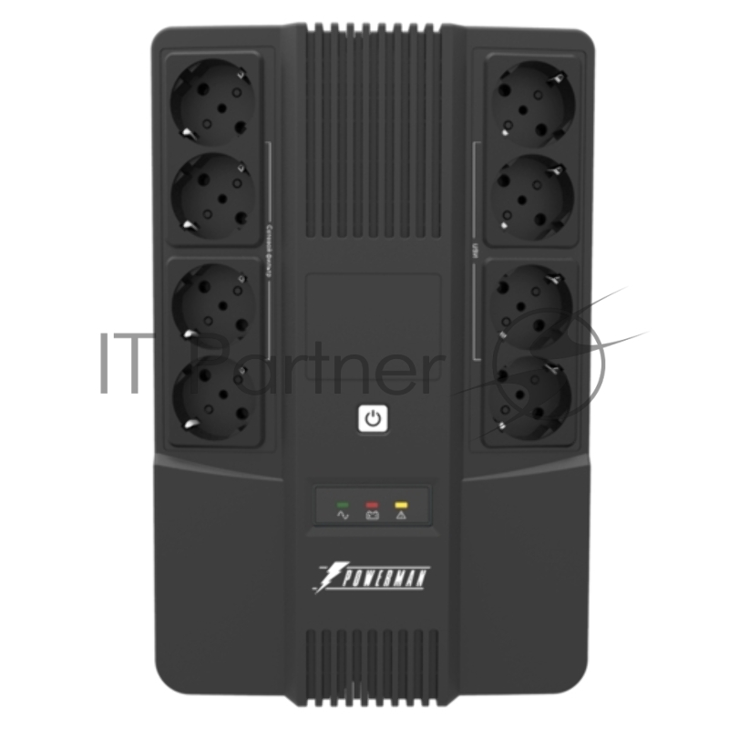 Источник бесперебойного питания Powerman Brick 1000, линейно-интерактивный, 1000ВА, 600Вт, 4 евророзетки с резервным питанием, 4 евророзетки с фильтрацией, батарея 12В 9Ач 1 шт., 309мм х 202мм х 93мм, 5.6 кг. UPS POWERMAN Brick 1000, line-interactive