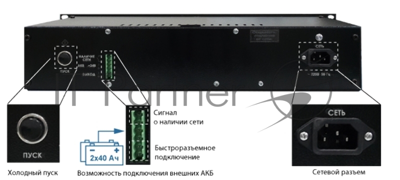 Источник питания СКАТ-2400И7 RACK 24В, 4А, высота 2U под 2 АКБ 7-17 Ач. СС ТР ПБ SKAT-2400I7 RACK power supply 24V, 4A, height 2U for 2 batteries 7-17 Ah. SS TR PB