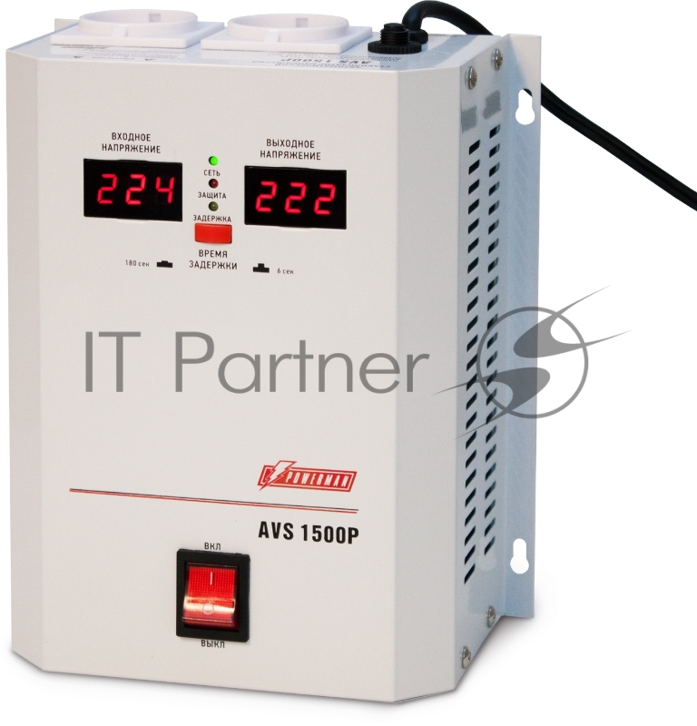 Стабилизатор POWERMAN AVS 1500P, ступенчатый регулятор, цифровые индикаторы уровней напряжения, 1500ВА, 110-260В, максимальный входной ток 12А, 2 евророзетки, IP-20, навесной, 215мм х 270мм х 110мм, 4.3 кг. Stabilizer POWERMAN AVS 1500P, step-type