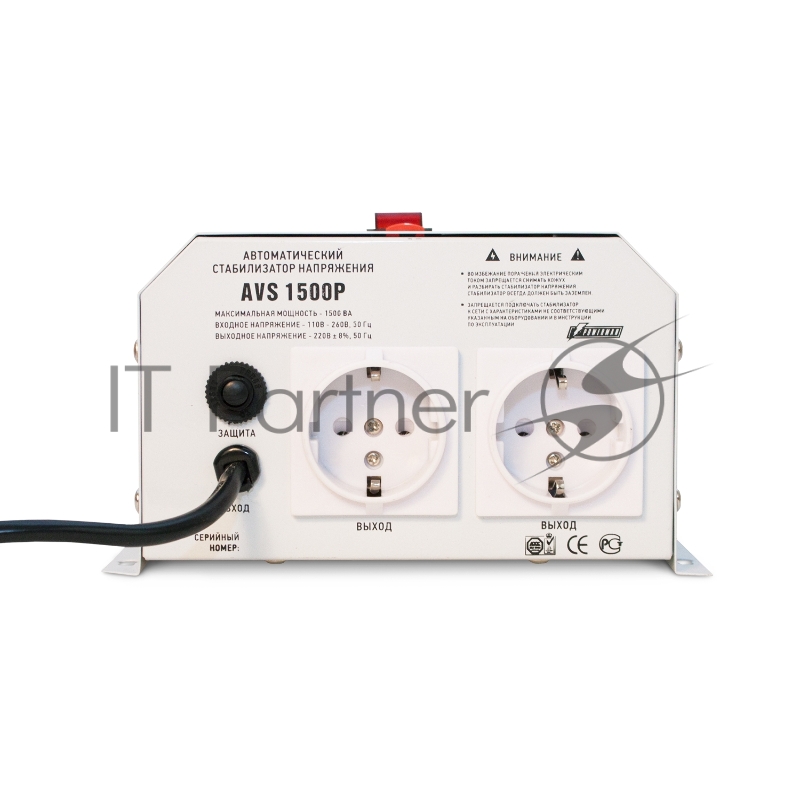 Стабилизатор POWERMAN AVS 1500P, ступенчатый регулятор, цифровые индикаторы уровней напряжения, 1500ВА, 110-260В, максимальный входной ток 12А, 2 евророзетки, IP-20, навесной, 215мм х 270мм х 110мм, 4.3 кг. Stabilizer POWERMAN AVS 1500P, step-type