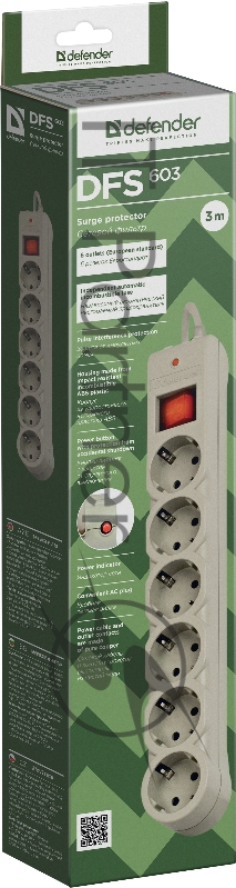 Сетевой фильтр Defender Фильтр DFS-603, 3м, 6 евророзеток 99407