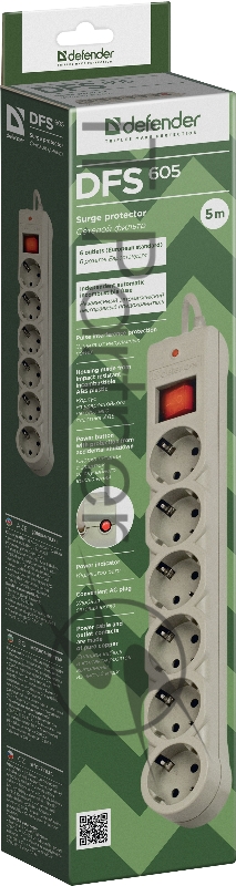 Сетевой фильтр Defender Фильтр DFS-605, 5.0м, 6 евророзеток 99408