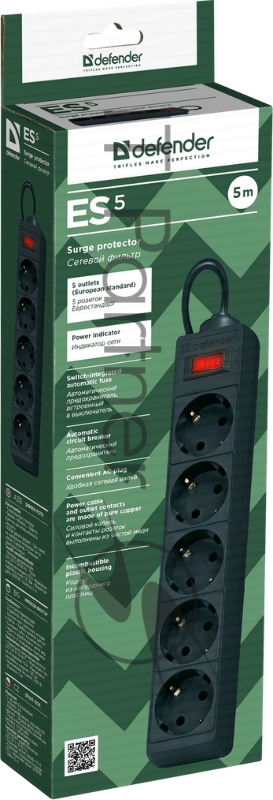 Сетевой фильтр Defender Фильтр ES, 5.0м, 5 розеток, черный 99486