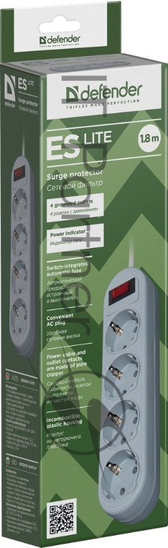 Сетевой фильтр Defender Фильтр ES Lite, 1.8м, 4 розетки, серый 99487