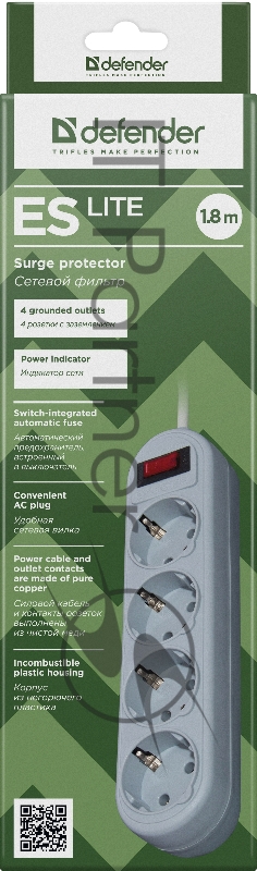 Сетевой фильтр Defender Фильтр ES Lite, 1.8м, 4 розетки, серый 99487