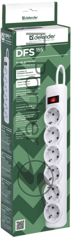 Сетевой фильтр Defender Фильтр DFS 155 5.0 m, 6 розеток, белый 99493