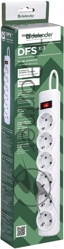 Сетевой фильтр Defender DFS 153 3 м, белый, 6 розеток