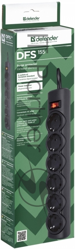 Сетевой фильтр Defender DFS 155 / 6 розеток / чёрный / 5.0 м