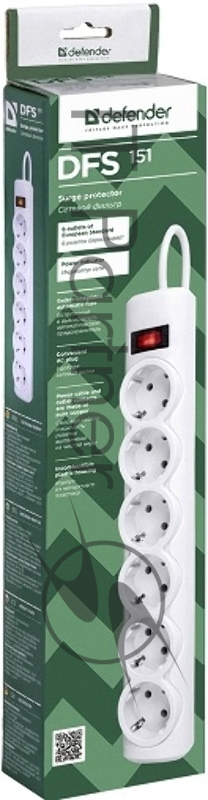Сетевой фильтр Defender DFS 151 1,8 м, белый, 6 розеток