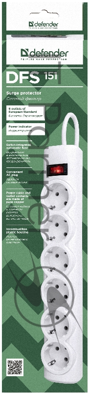 Сетевой фильтр Defender DFS 151 1,8 м, белый, 6 розеток