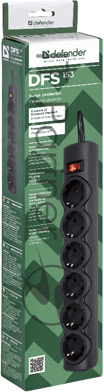 Сетевой фильтр Defender DFS 153 3 м, черный, 6 розеток