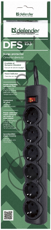 Сетевой фильтр Defender DFS 153 3 м, черный, 6 розеток