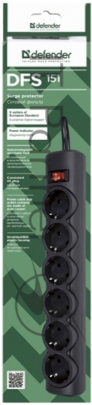Сетевой фильтр Defender Фильтр DFS 151 1.8 m, 6 розеток, черный 99494