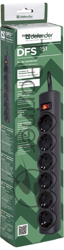 Сетевой фильтр Defender Фильтр DFS 151 1.8 m, 6 розеток, черный 99494