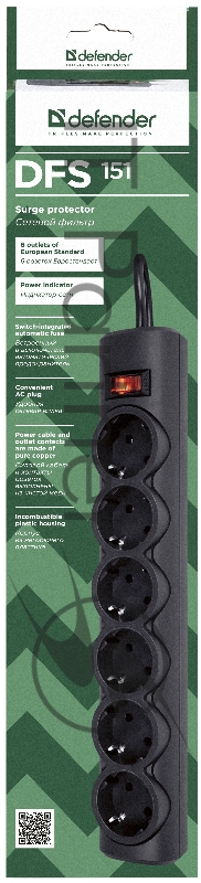 Сетевой фильтр Defender Фильтр DFS 151 1.8 m, 6 розеток, черный 99494