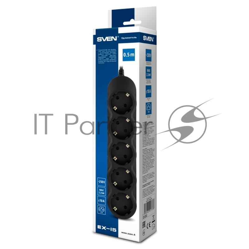 Удлинитель SVEN EX-I5 черный, 0,5 м, вх. вилка IEC-320 (C13), выходные розетки 5× СЕЕ 7/4 Extender SVEN EX-I5 black, 0.5 m, input IEC-320 (C13), 5 outlets СЕЕ 7/4